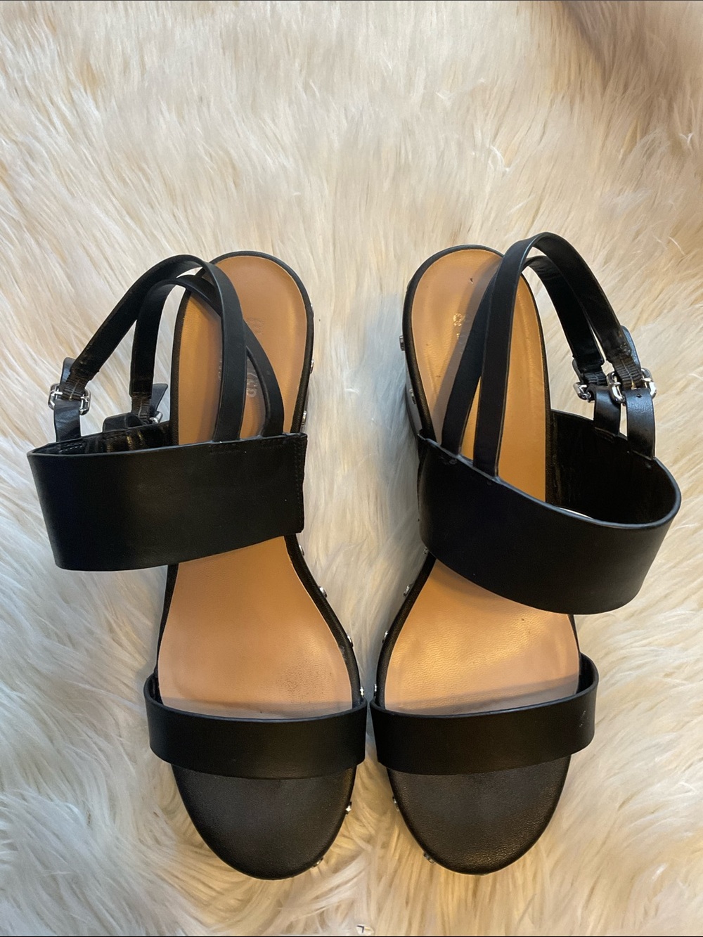 Bleecker & Bond Women's Double Straps Black Leather Studded Wedge Sandals Size 9